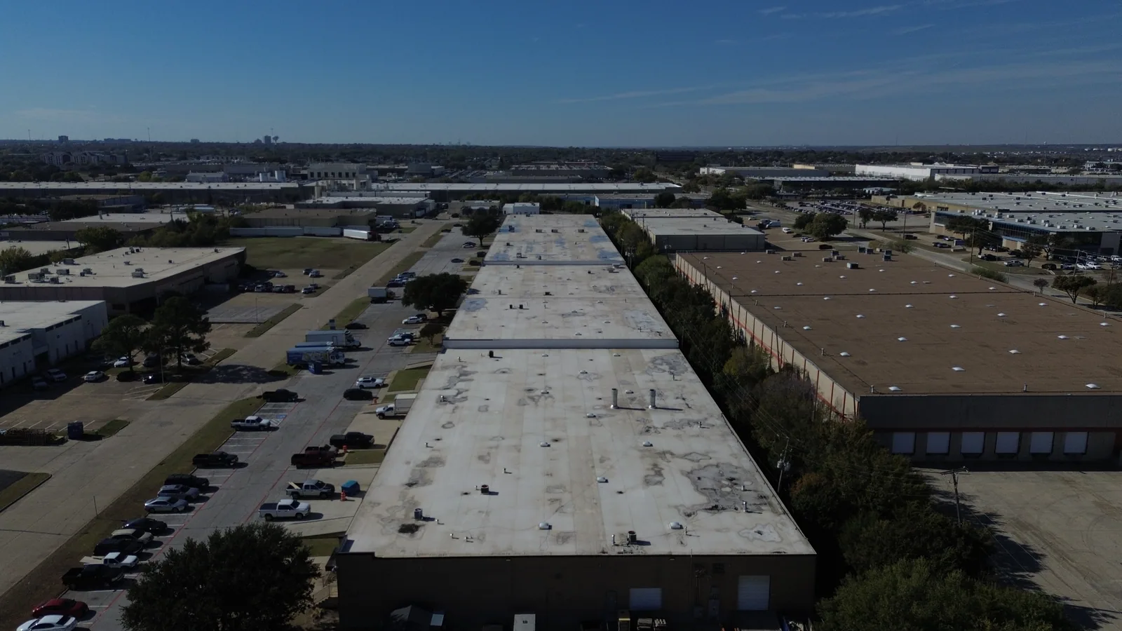Wide aerial view of a commercial property market